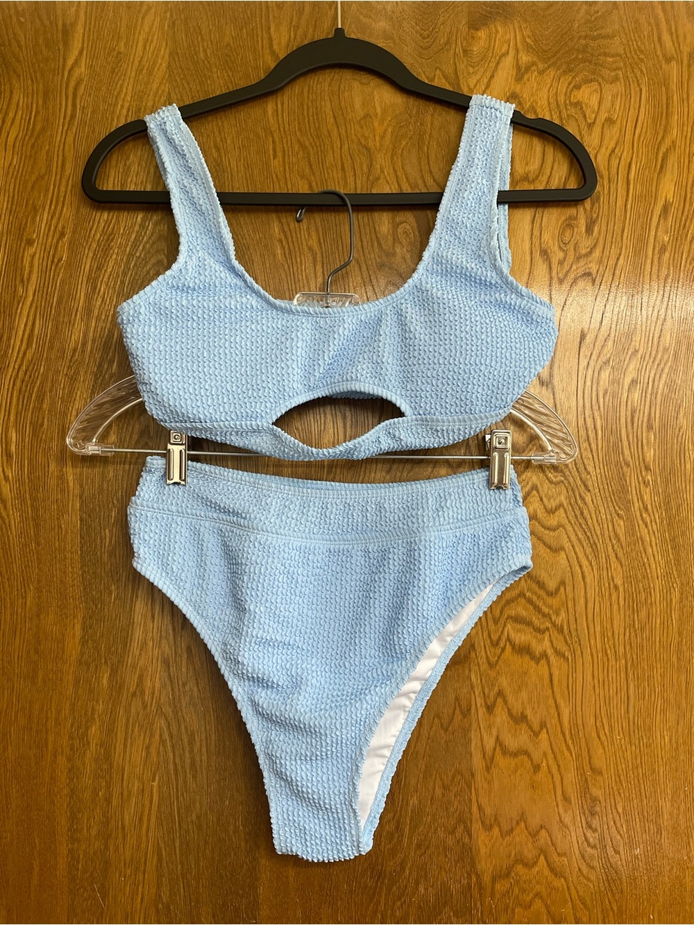 Cupshe Small Swimsuit Light Blue Textured Cutout Bikini Cheeky High Waist Set